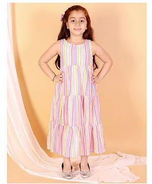 CHAKORI Sleeveless Balanced Candy Striped Tiered Dress - Multi Colour