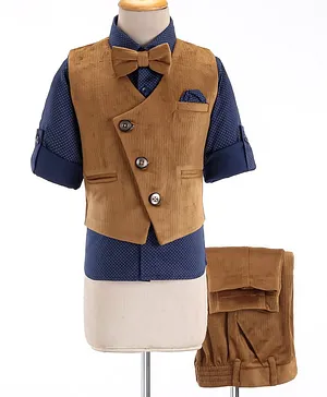 Robo Fry Corduroy Full Sleeves 3 Piece Party Suit with Bow - Fawn