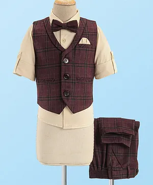 Robo Fry Woven Full Sleeves Three Piece Party Suit With Bow - Maroon