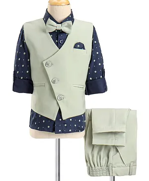Robo Fry Full Sleeves Party Suit With Bow Geometric Shape Print - Pista & Navy Blue