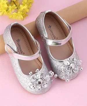 Cute Walk by Babyhug Velcro Closure Bellies with Floral Applique & Pearl Detailing - Silver