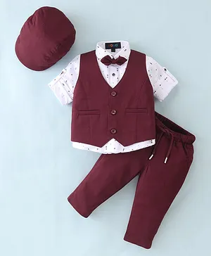 Robo Fry Cotton Lycra Full Sleeves 3 Pieces Solid Colour Party Suits with Cap - Red