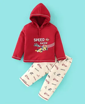 Cucumber Cotton Foam Full Sleeves Winter Wear Hooded T-Shirt and Lounge Car Print - Red