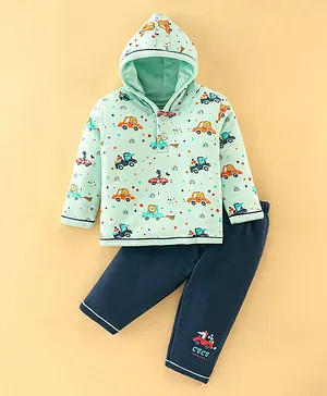 Cucumber Cotton Foam Full Sleeves Hooded T-Shirt and Lounge Pants Car Print - Light Blue