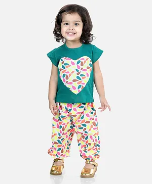BownBee Pure Cotton Half Sleeves Heart Patch Top & Coordinating Harem Pants Set - Blue