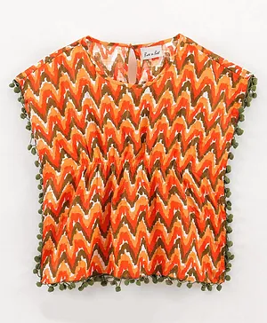BownBee Half Sleeves Chevron Ikat Designed & Pom Pom Lace Embellished Top - Orange