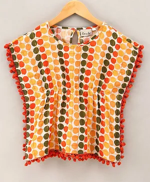 BownBee Half Sleeves Polka Dots Printed Cotton Kaftan Pompom Detail Top - Yellow
