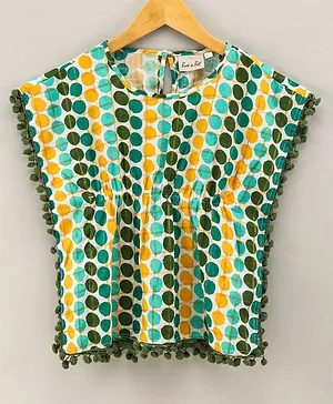 BownBee Half Sleeves Polka Dots Printed Cotton Kaftan Pompom Detail Top - Green