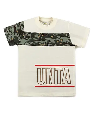 Forever Kids Half Sleeves Graphic Text & Camouflage Printed Tee - Cream