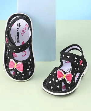 Cute Walk by Babyhug Velcro Closure Sandals with Heart Print & Bow - Black