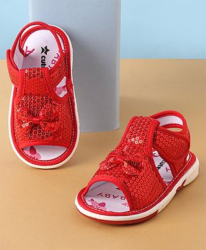 Cute Walk by Babyhug Sandals With Velcro Closure Sequins Detailing & Bow Applique - Red
