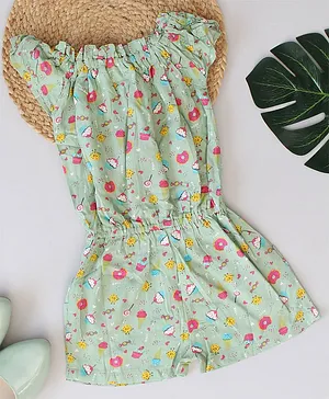 Qvink Short Sleeves All Over Cupcakes & Hearts Printed Jumpsuit - Green