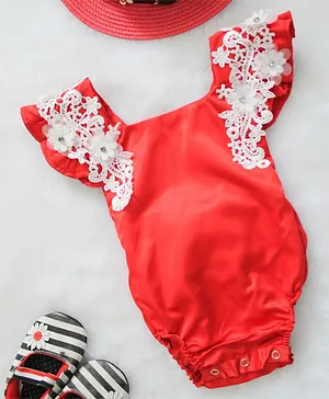 Qvink Cap Sleeves Floral Lace Embellished Satin Romper With Back Tie Up - Red