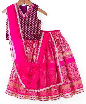 Babyhug Woven Sleeveless Embroidered Choli & Brocade Lehenga with Jari Border Dupatta - Fuschia