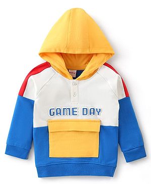 Babyhug Cotton Knit Full Sleeves Puffed Text Printed Hooded Sweatshirt with Cut & Sew Design - White & Blue