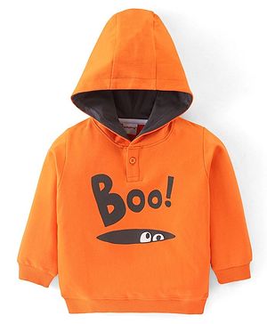 Babyhug Cotton Knit Full Sleeves Hooded Sweatshirt Text Print - Orange