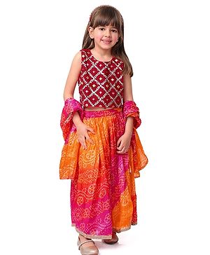 Babyhug Cotton Sleeveless Sequenced Embroidered Choli With Printed Bandhani Lehenga And Dupatta - Red & Orange