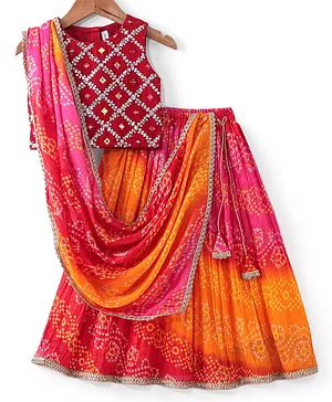 Babyhug Cotton Sleeveless Sequenced Embroidered Choli With Printed Bandhani Lehenga And Dupatta - Red & Orange