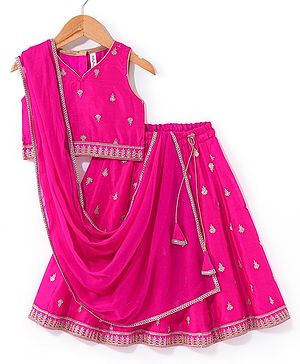 Babyhug Sleeveless Lehenga Choli And Dupatta Set With Floral Embroidered - Hot Pink