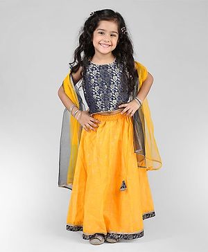 Babyhug Sleeveless Brocade Choli Foil Printed Lehenga and Dupatta Set - Yellow & Navy Blue