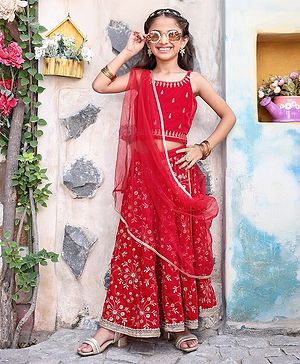 Babyhug Velvet Sleeveless Floral Embroidered Choli Lehenga And Dupatta Set - Red