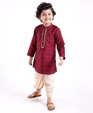 Babyhug Dobby Full Sleeves Embroidered Kurta with Solid Dhoti Set - Maroon