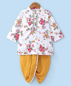 Babyhug 100% Cotton Woven Full Sleeves Kurta and Dhoti Set Floral Print - Ivory & Yellow