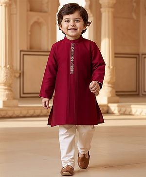 Babyhug Full Sleeves Kurta with Pyjama Set & Embroidery on Placket - Maroon