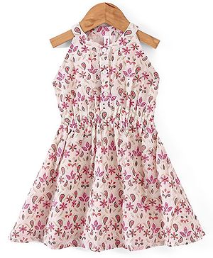 Babyhug Cotton Sleeveless Ethnic Dress Floral Printed - White & Pink