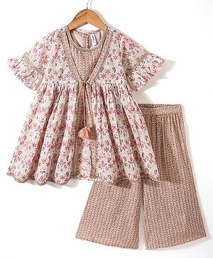 Babyhug 100% Cotton Knit Half Sleeves Embroidered Jacket with Bandhani Printed Top and Palazzo Set - Brown