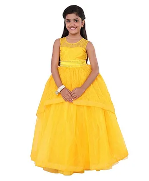 Wish little Sleeveless Lace Floral Embroidered Party Gown - Yellow