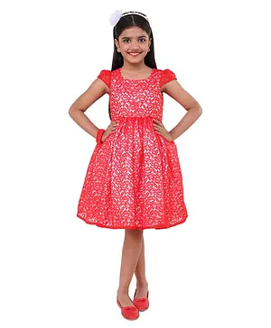 Wish little Cap Sleeves Floral Lace Embroidered Party Dress - Red