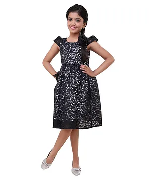 Wish little Cap Sleeves Floral Embroidered Lace Party Dress - Black