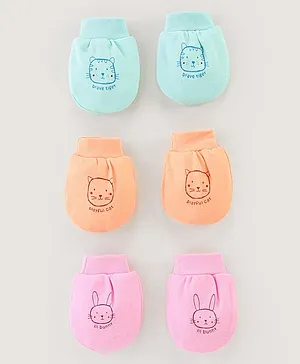 Simply Cotton Interlock Mittens Cat Face Print Pack Of 3 - Pink Orange & Sea Green