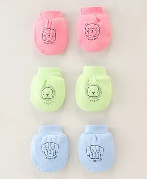 Simply Cotton Interlock Mittens Bear Face Print Pack Of 3 - Baby Pink Green & Blue