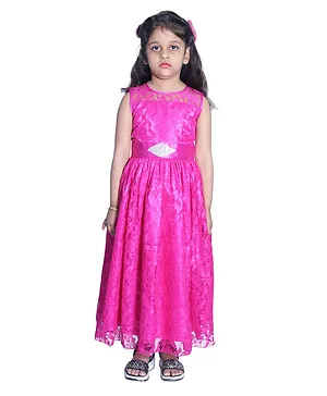 Wish little Sleeveless All Over Floral Embroidered Lace Embellished Fit & Flare Gown - Pink