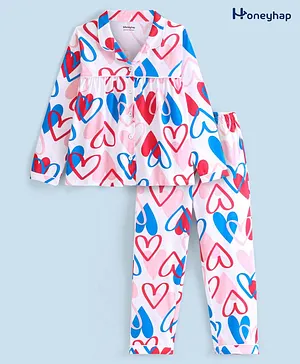 Honeyhap Premium 100% Cotton Knit Full Sleeves Pyjama Sets with Bio Finish Heart Print - Bright White