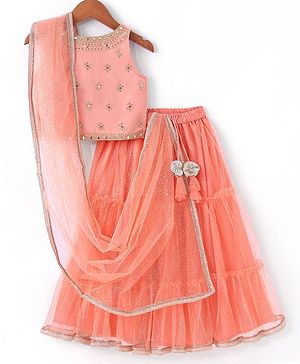 Babyhug Sleeveless Chanderi Embrodered Choli With Shimmer Net Tiered Lehenga And Dupatta- Peach