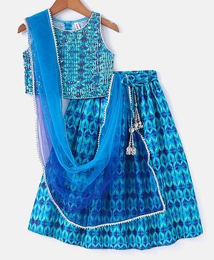Babyhug Sleeveless Printed Sequenced Choli With Printed Lehenga And Dupatta- Blue