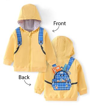 Babyhug Cotton Knit Full Sleeves Hooded  Sweatjacket with Zipper & Bag Graphics on Back - Yellow