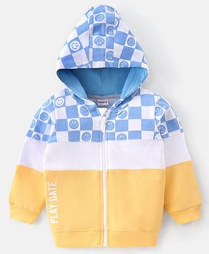Babyhug Full Sleeves Cut & Sew Hooded Sweat Jacket With Happy Face Graphics - Yellow  & Blue