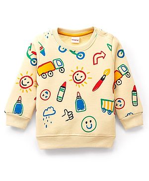 Babyhug Cotton Full Sleeves Sweatshirt With Brushed Fleece Detailing Sun & Truck Print- Cream