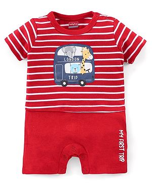 Babyhug 100% Cotton Knit Half Sleeves Striped Romper with Double Decker Bus Print - Red