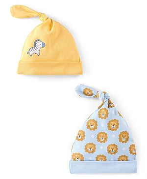 Babyhug 100% Cotton Knit Lion Face Print Caps Pack of 2 Yellow & Blue - Diameter 10 cm