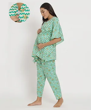 Aujjessa Three Fourth Sleeves Chevron Motif Printed Kaftan Style Front Zipper Maternity Night Suit - White Green