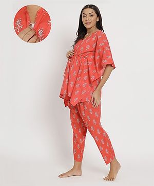 Aujjessa Three Fourth Sleeves Motif Printed Kaftan Style Front Zipper Maternity Night Suit - Red Multi