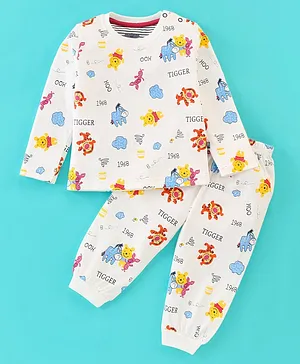 Mini Taurus Cotton Knit Full Sleeves Night Suit with Pooh Print - Off-White