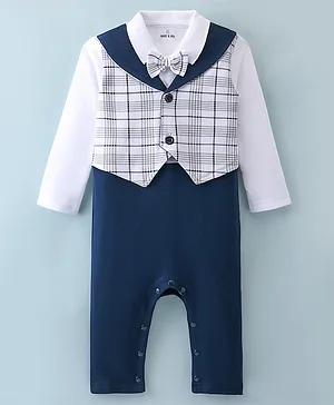 MARK & MIA Full Sleeves Party Wear Checks Waist Coat Rompers with Bow Detailing - Navy Blue & White