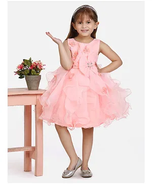 WhiteHenz Sleeveless Floral  Embroidered Ruffled Party Dress - Peach