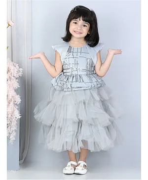 WhiteHenz Clothing Cap Sleeves Sequins Embellished Peplum Style Bodice Layered Party Dress - Grey